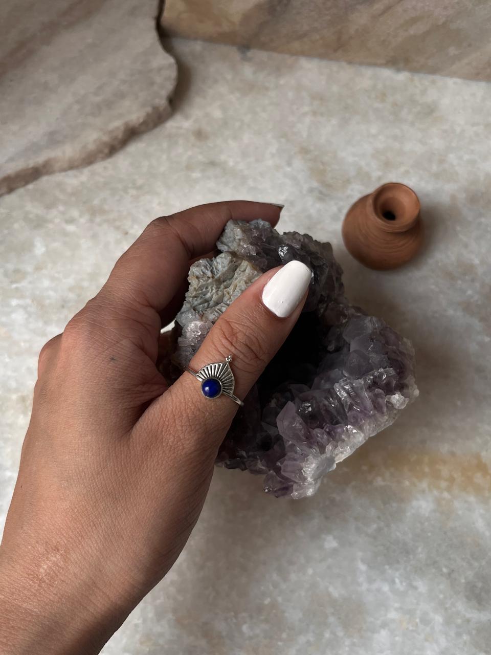 Lapis Lazuli Fan Boho 925 Sterling Silver Ring