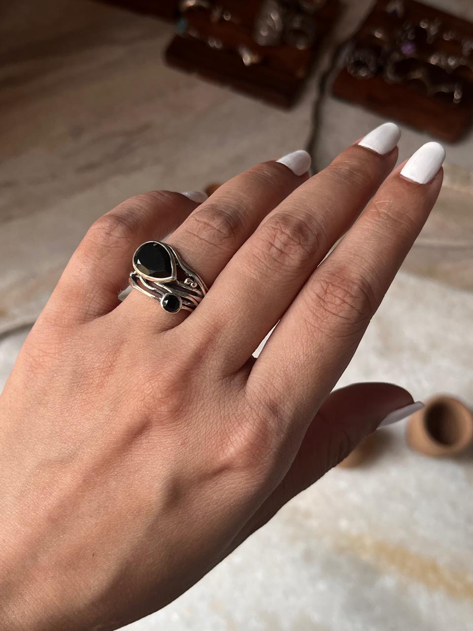 Black Onyx Pear Cut Rustic Statement 925 Sterling Silver Ring