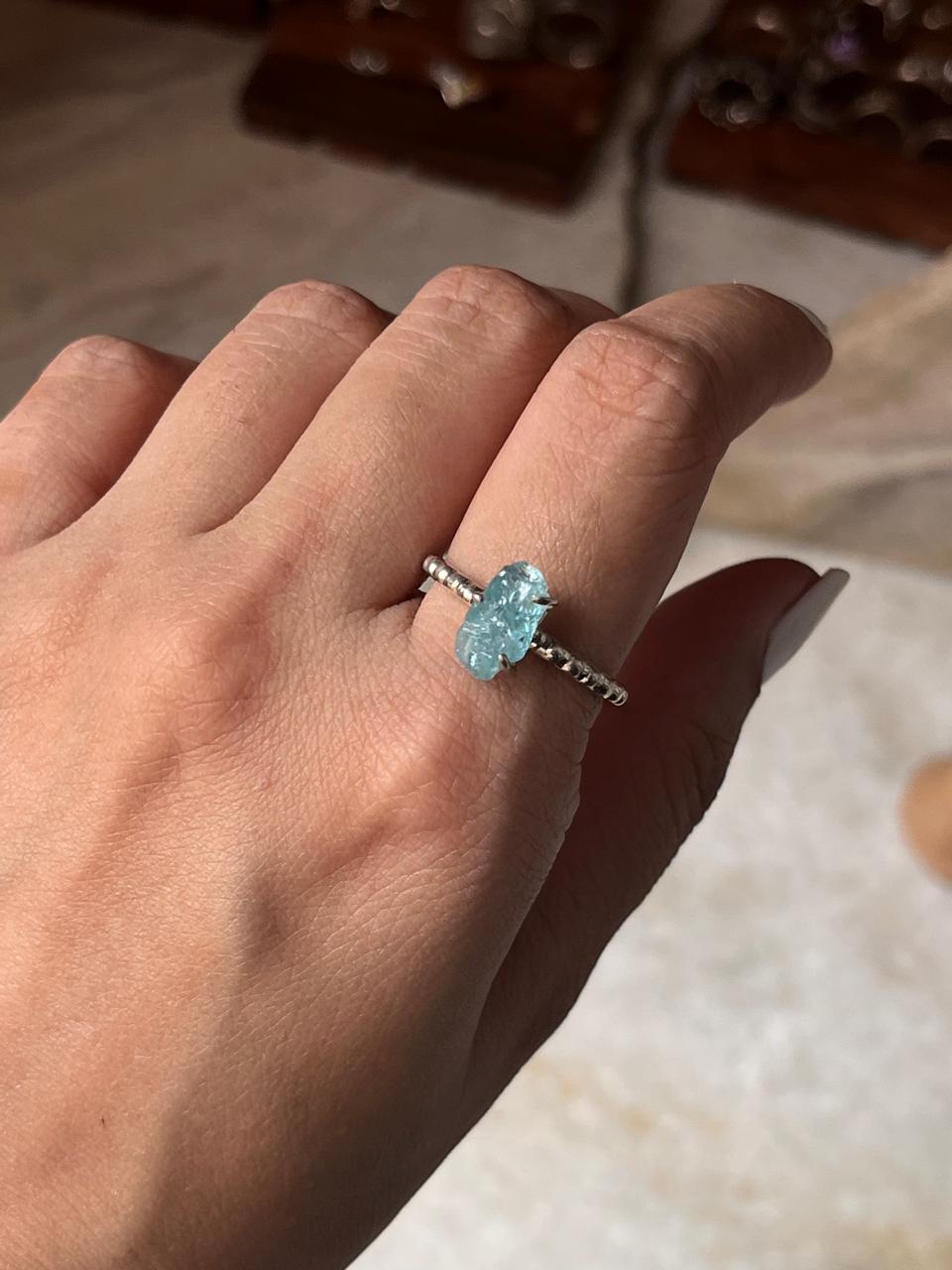 Blue Apatite Raw Uncut Dot Band 925 Sterling Silver Ring