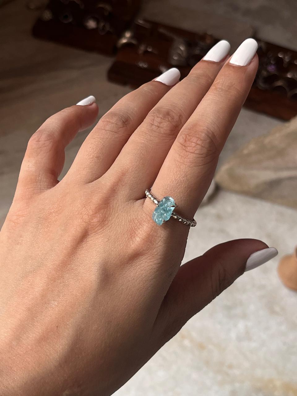 Blue Apatite Raw Uncut Dot Band 925 Sterling Silver Ring