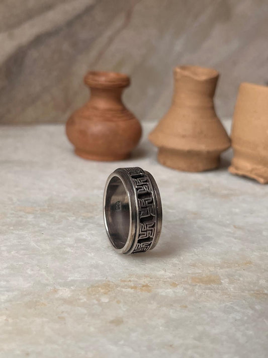 Swastik Spinner Mens 925 Sterling Silver Ring