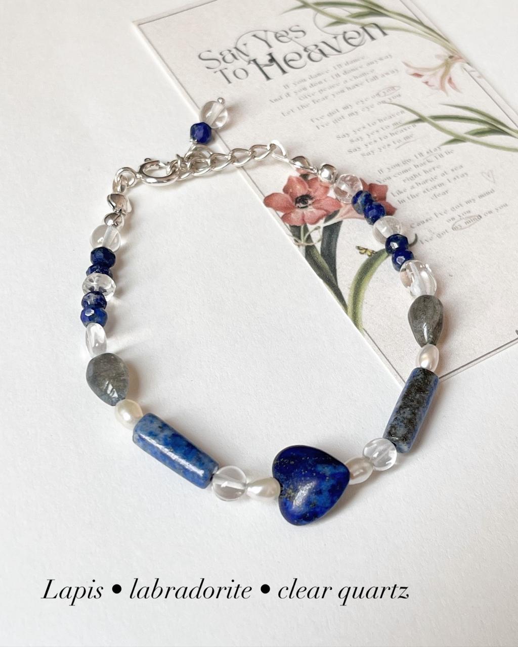 Lapis Lazuli Heart , Clear Quartz, Pearls & Labradorite Handcrafted 925 Sterling Silver Bracelet