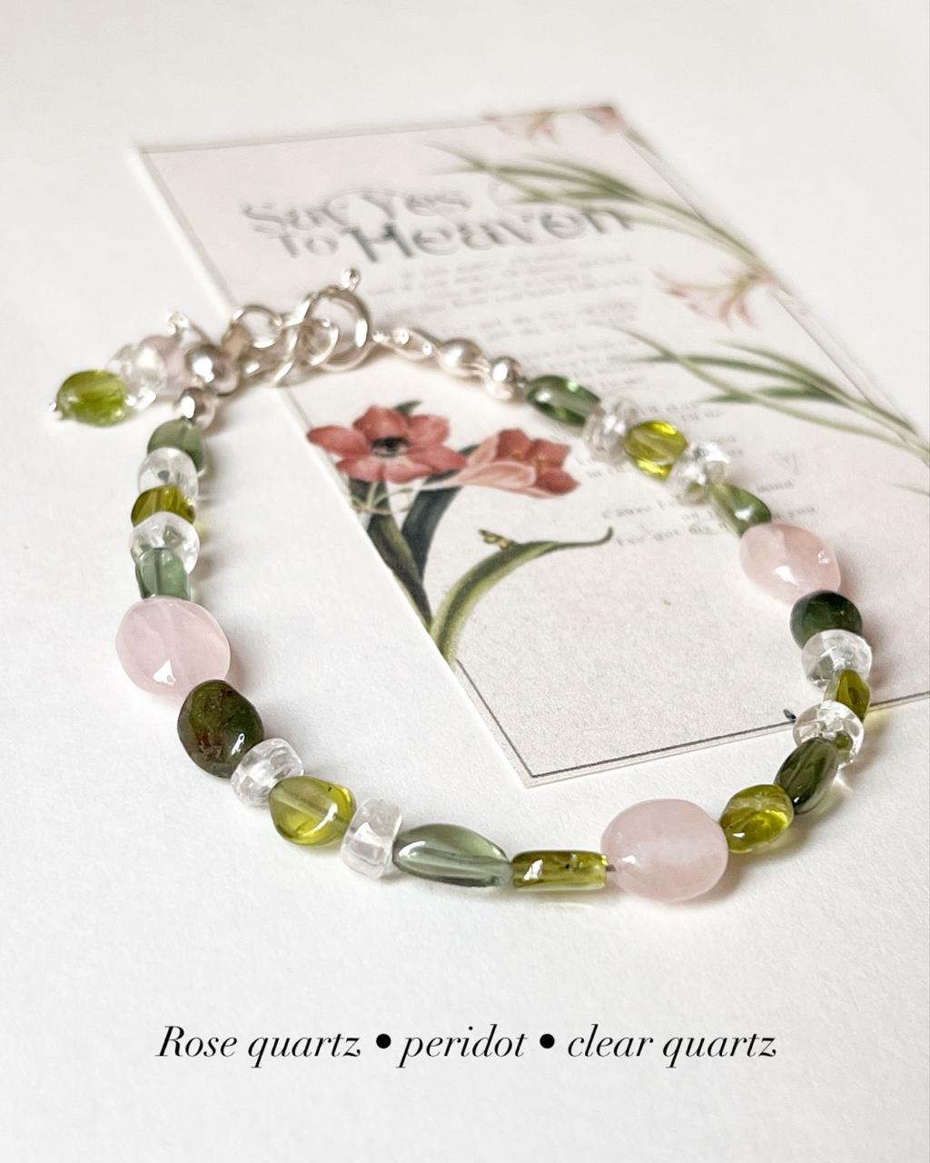 Rose Quartz , Peridot , Clear Quartz & Green Tourmaline Handcrafted 925 Sterling Silver Bracelet