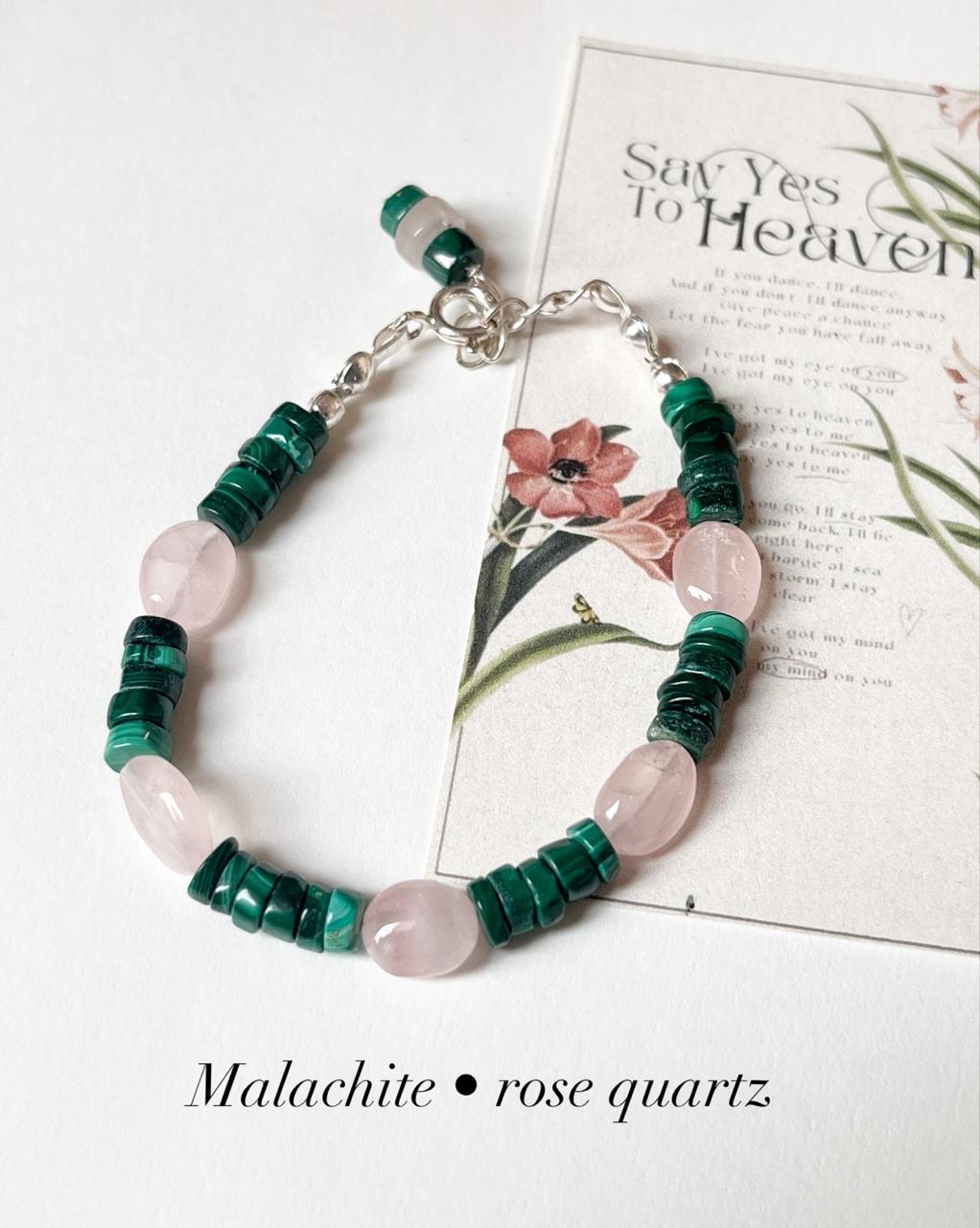 Malachite & Rose Quartz Handcrafted 925 Sterling Silver Bracelet