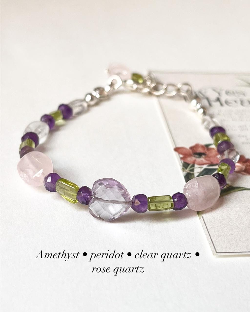 Amethyst Heart , Peridot, Rose Quartz & Clear Quartz Handcrafted 925 Sterling Silver Bracelet