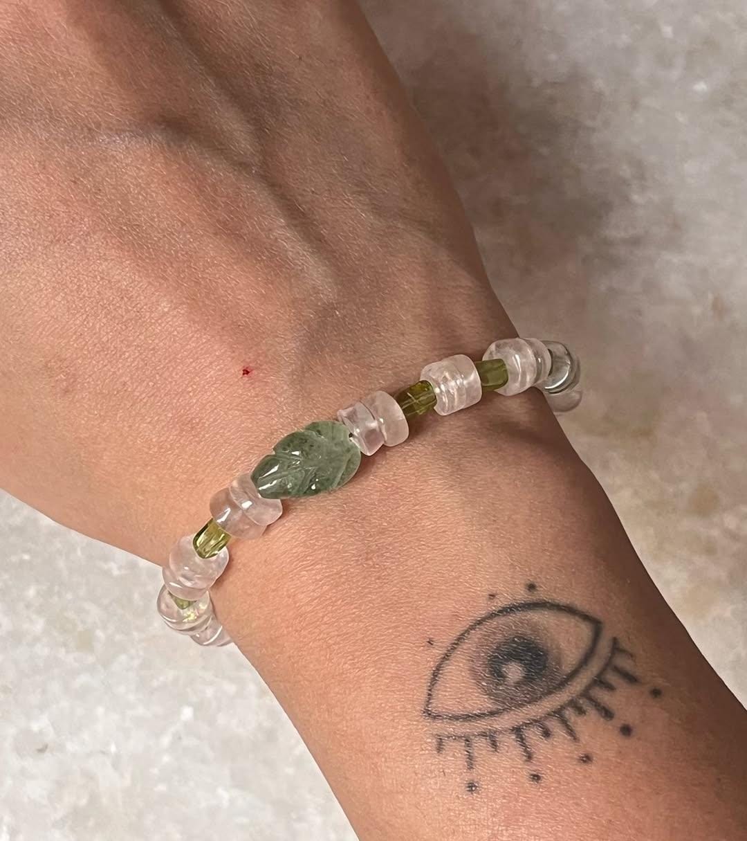 Green Aventurine Carved Leaf , Rose Quartz & Peridot Handcrafted 925 Sterling Silver Bracelet