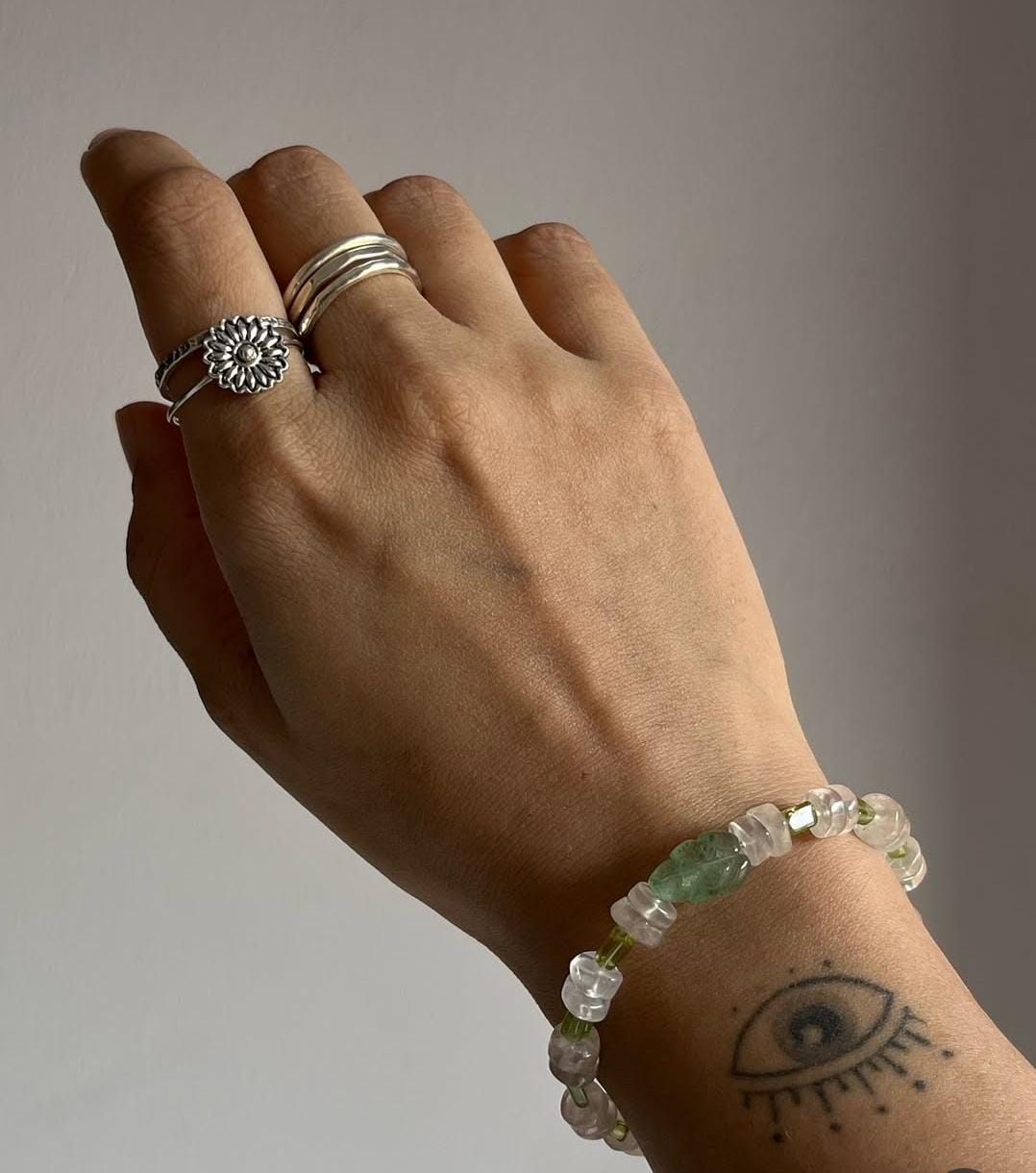Green Aventurine Carved Leaf , Rose Quartz & Peridot Handcrafted 925 Sterling Silver Bracelet