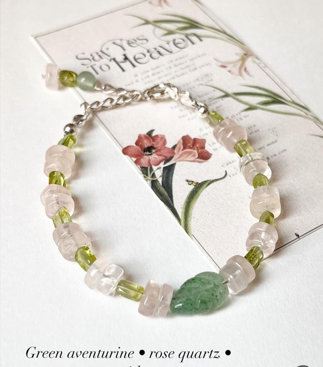 Green Aventurine Carved Leaf , Rose Quartz & Peridot Handcrafted 925 Sterling Silver Bracelet