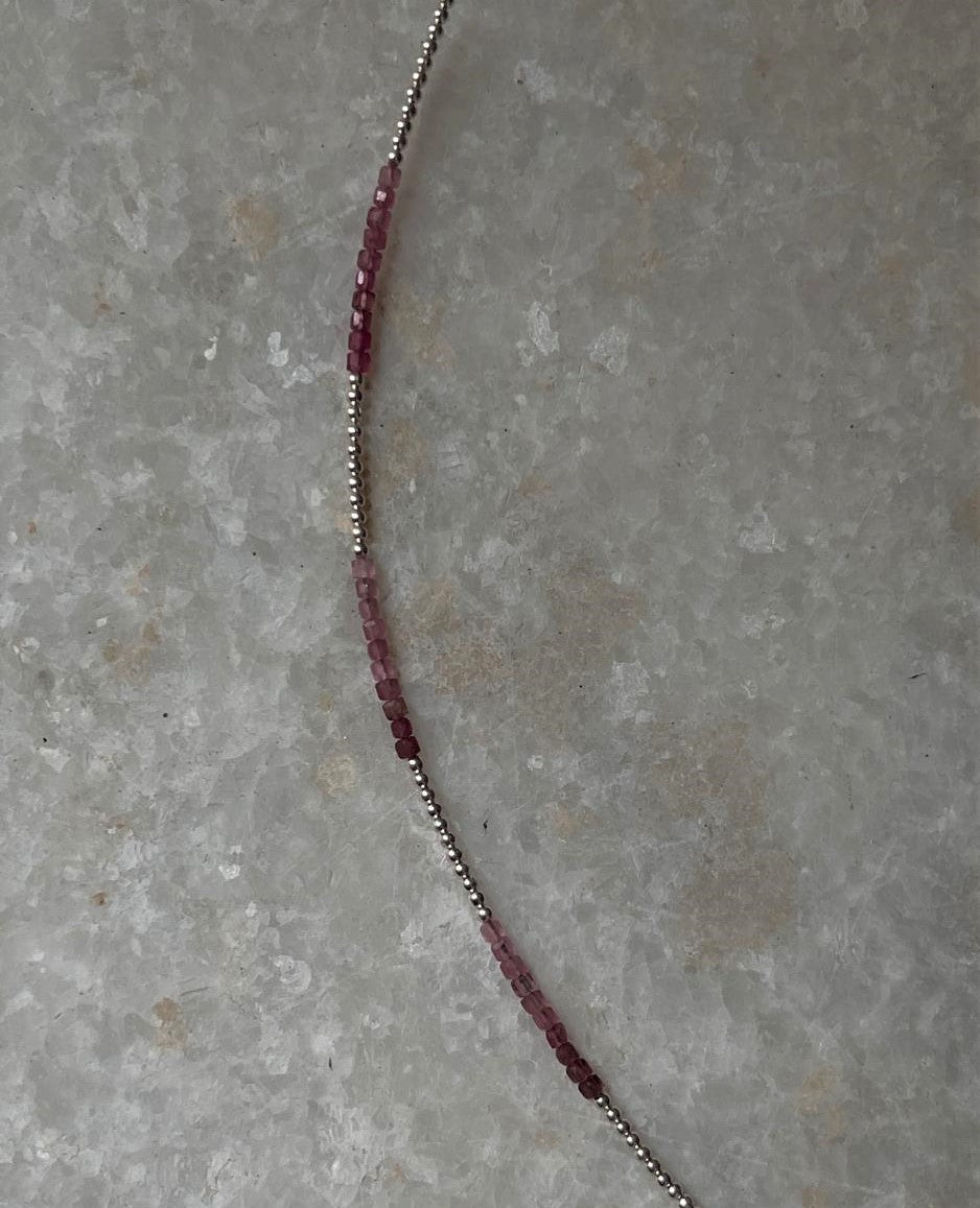 Pink Tourmaline Dark Shade & Silver 2mm Beads Handcrafted 925 Sterling Silver Bracelet