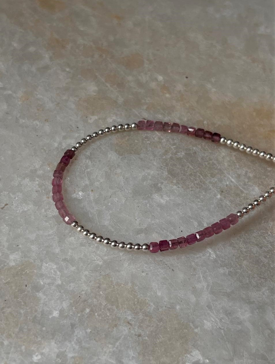 Pink Tourmaline Dark Shade & Silver 2mm Beads Handcrafted 925 Sterling Silver Bracelet
