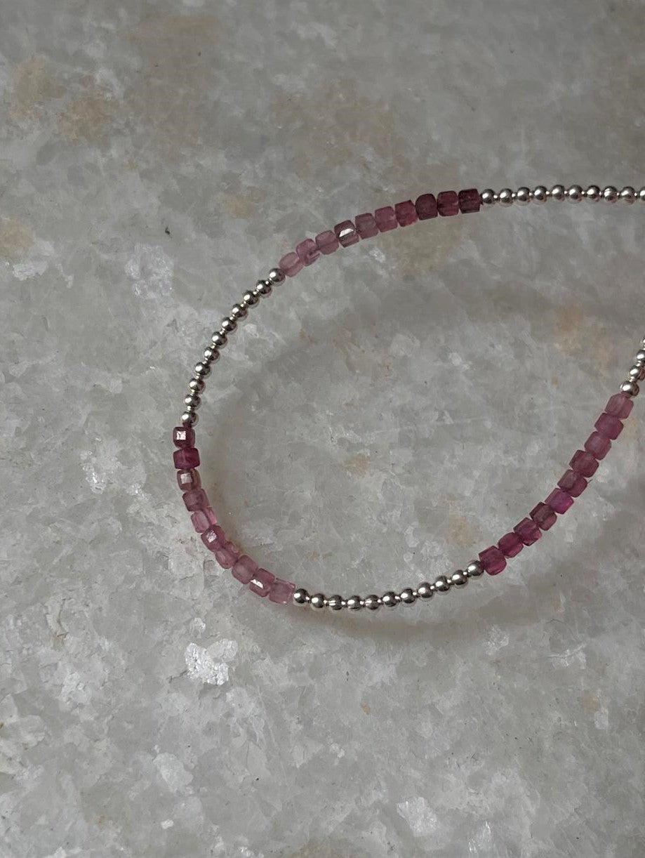 Pink Tourmaline Dark Shade & Silver 2mm Beads Handcrafted 925 Sterling Silver Bracelet