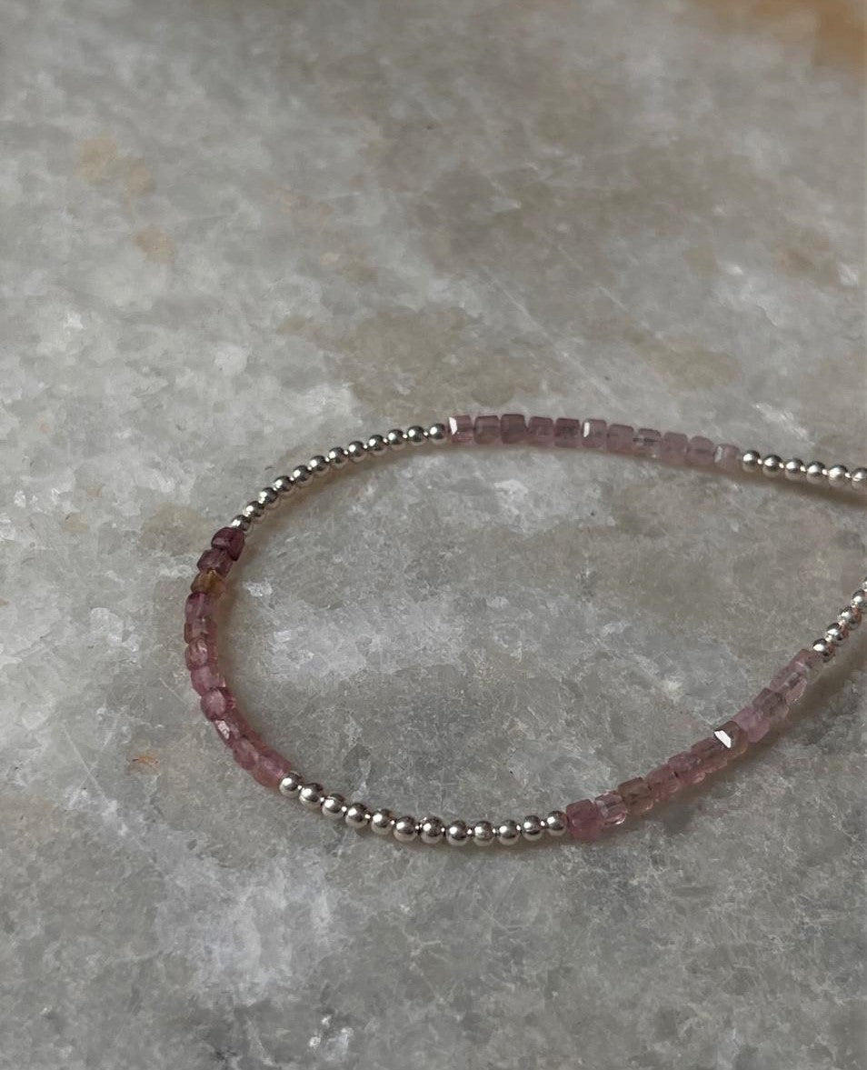 Pink Tourmaline Light Shade & Silver 2mm Beads Handcrafted 925 Sterling Silver Bracelet