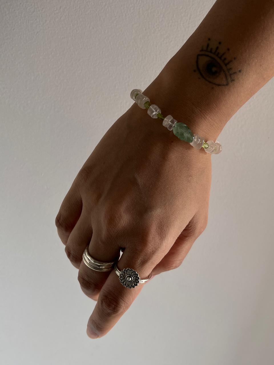 Green Aventurine Carved Leaf , Rose Quartz & Peridot Handcrafted 925 Sterling Silver Bracelet