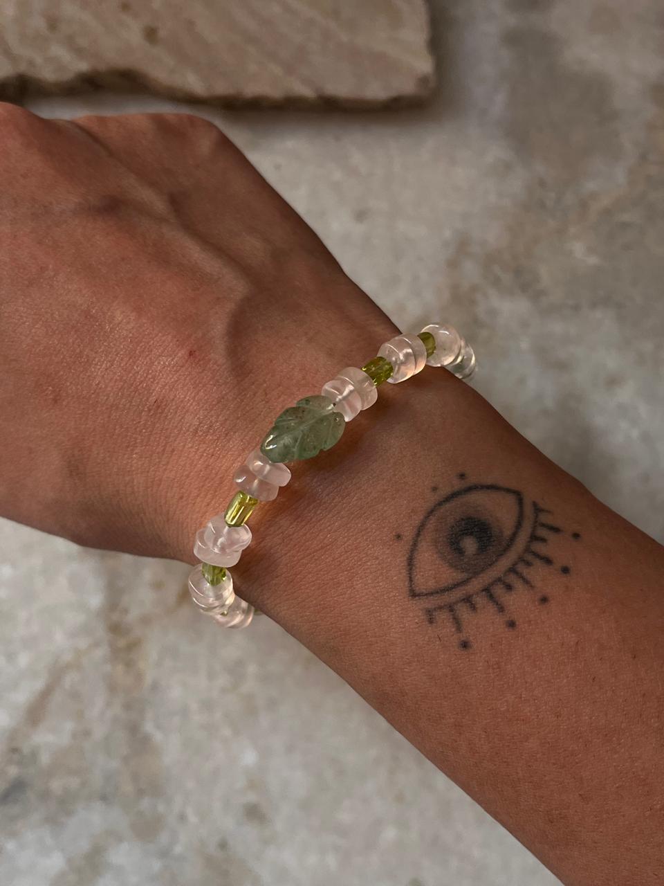 Green Aventurine Carved Leaf , Rose Quartz & Peridot Handcrafted 925 Sterling Silver Bracelet