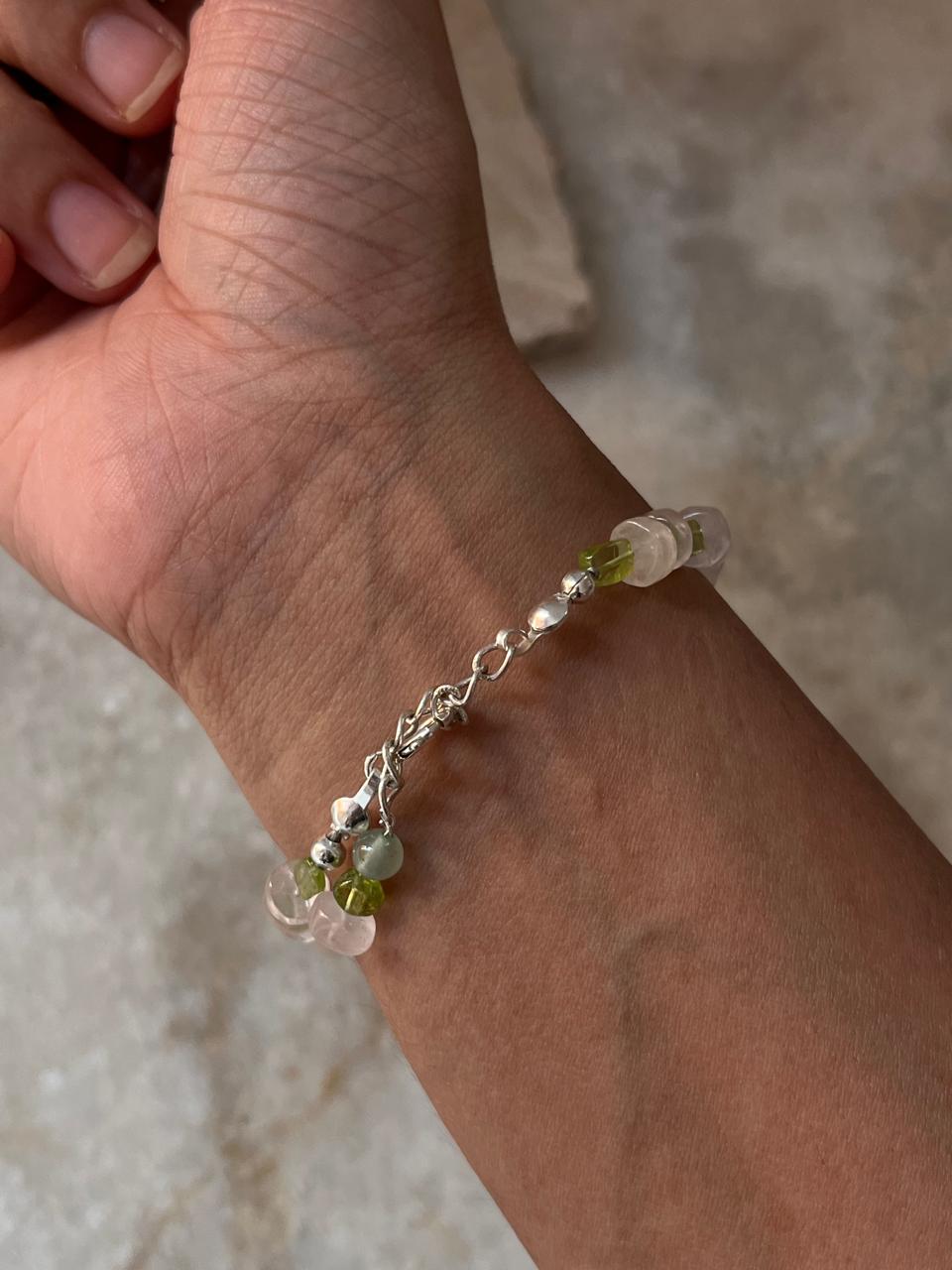 Green Aventurine Carved Leaf , Rose Quartz & Peridot Handcrafted 925 Sterling Silver Bracelet