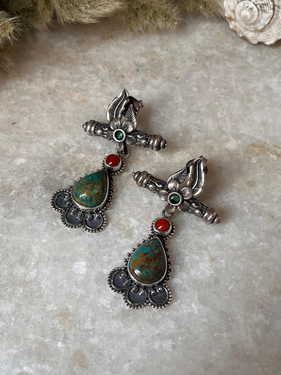 Antique Turquoise and Coral Statement 925 Sterling Silver Earring