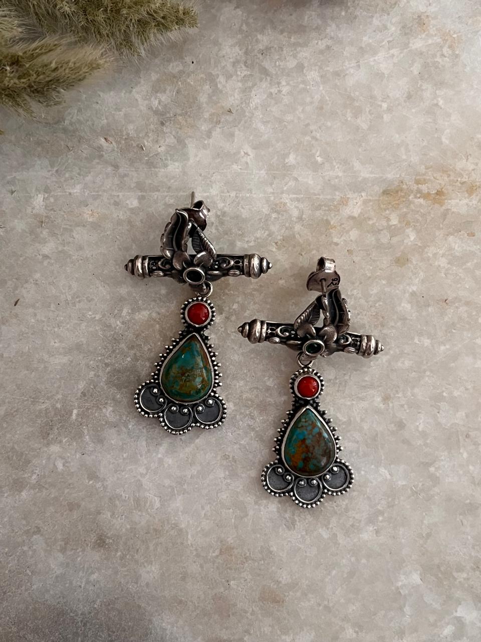Antique Turquoise and Coral Statement 925 Sterling Silver Earring