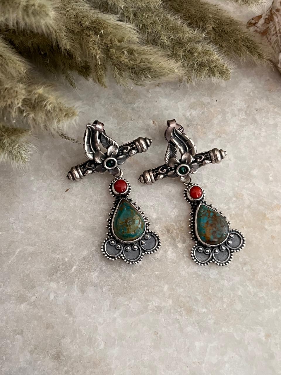 Antique Turquoise and Coral Statement 925 Sterling Silver Earring