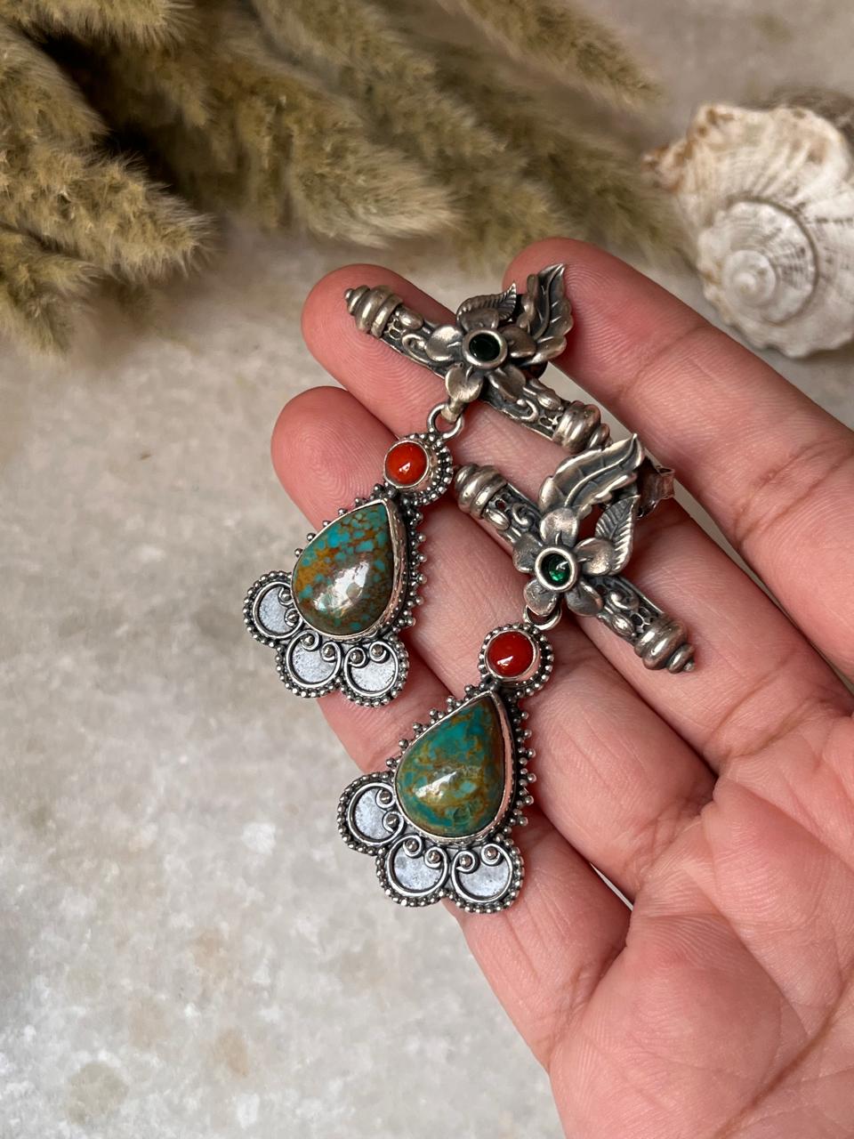 Antique Turquoise and Coral Statement 925 Sterling Silver Earring