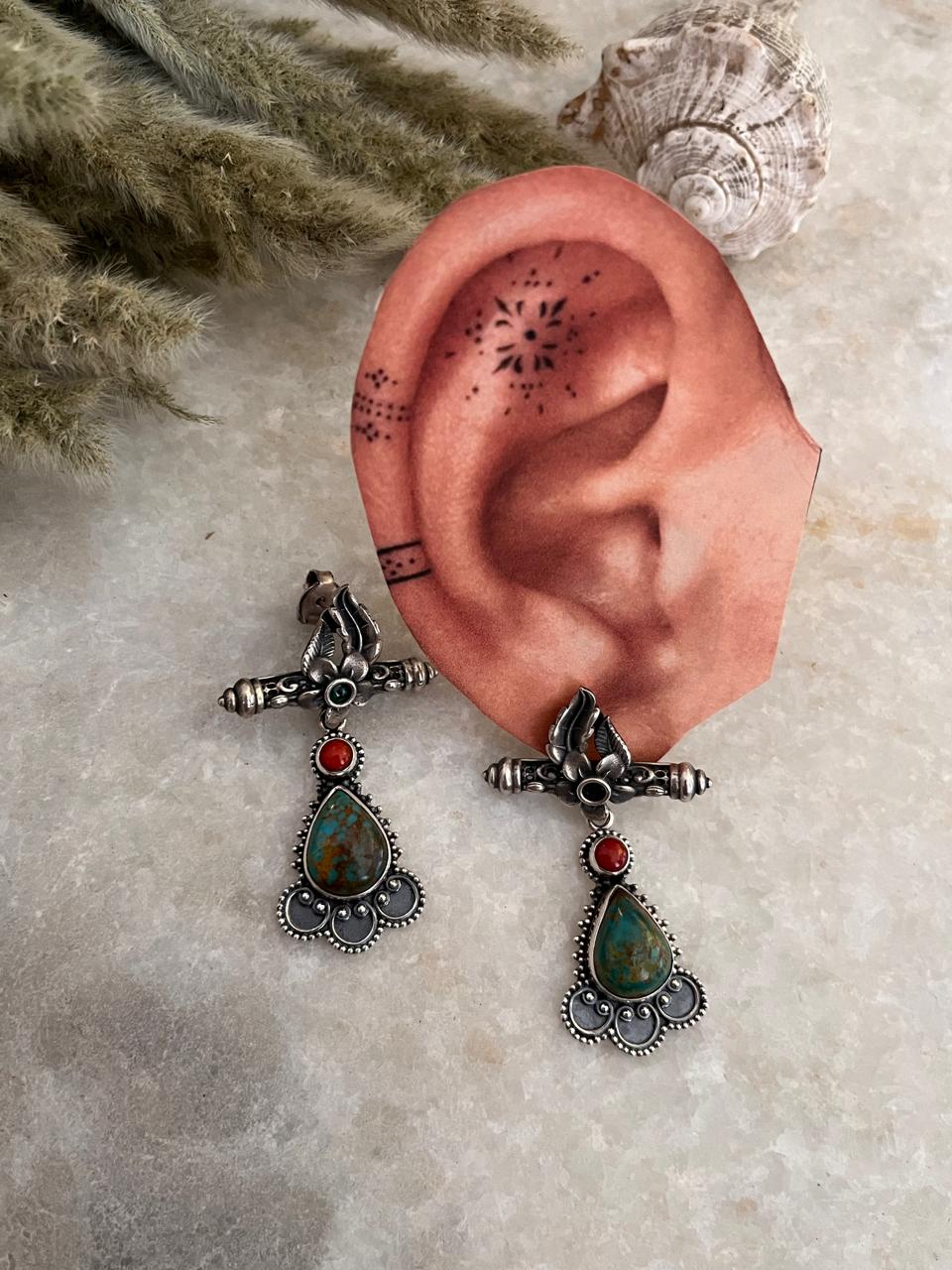 Antique Turquoise and Coral Statement 925 Sterling Silver Earring