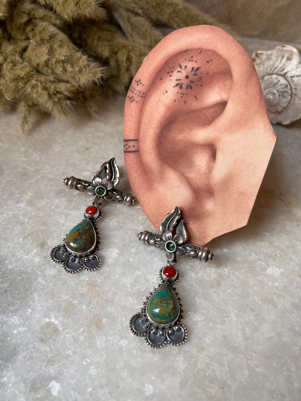 Antique Turquoise and Coral Statement 925 Sterling Silver Earring