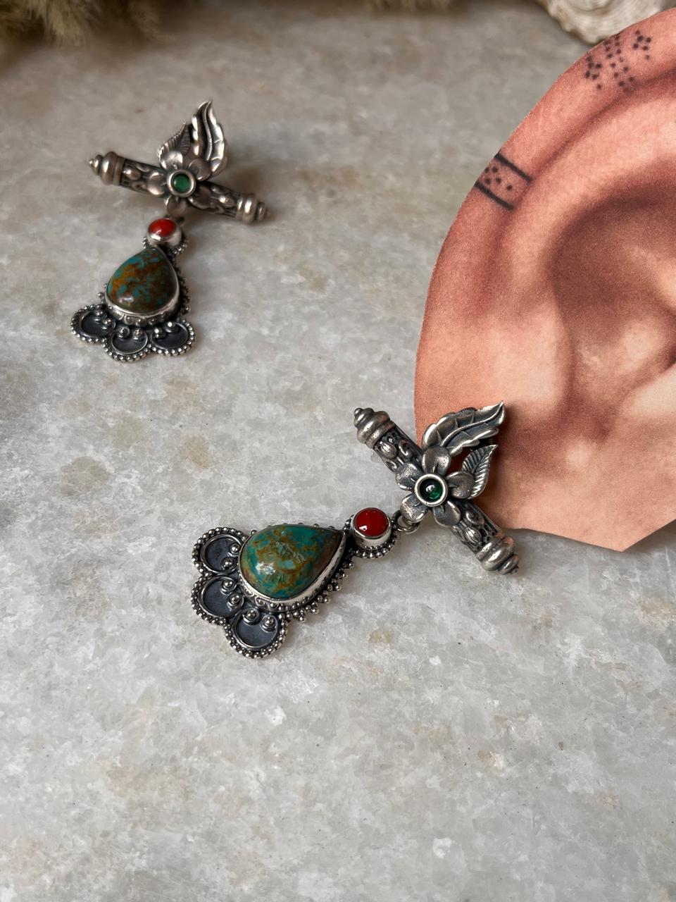 Antique Turquoise and Coral Statement 925 Sterling Silver Earring