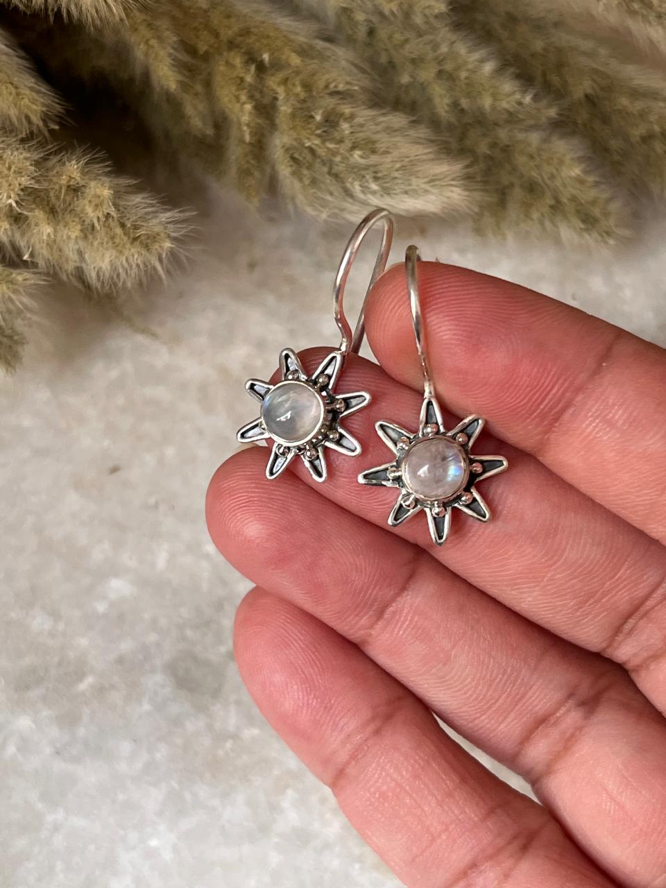 Moonstone Big Sunflower Earrings 925 Sterling Silver Earrings