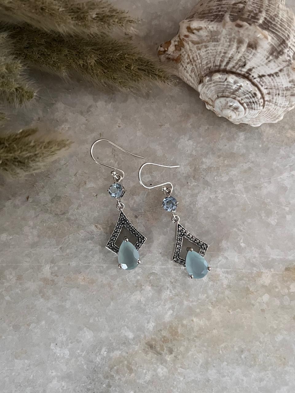 Aqua Chalcedony Pear Cut & Blue Topaz Stone 925 Sterling Silver Earrings