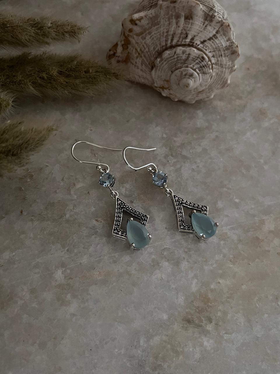 Aqua Chalcedony Pear Cut & Blue Topaz Stone 925 Sterling Silver Earrings