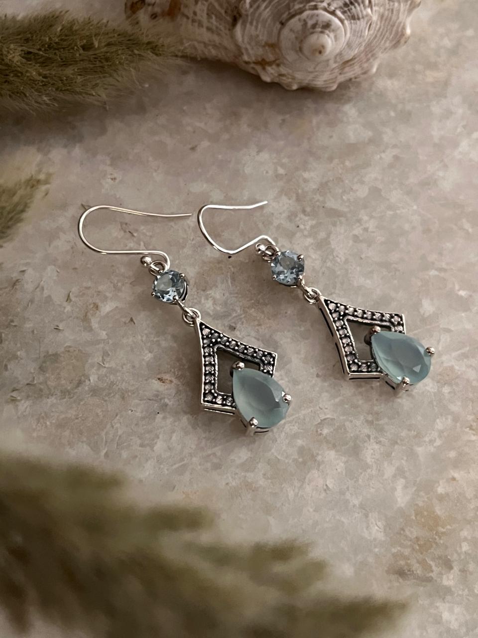 Aqua Chalcedony Pear Cut & Blue Topaz Stone 925 Sterling Silver Earrings