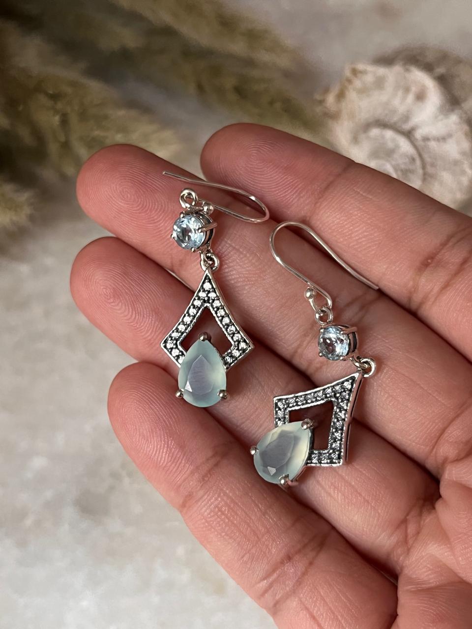 Aqua Chalcedony Pear Cut & Blue Topaz Stone 925 Sterling Silver Earrings