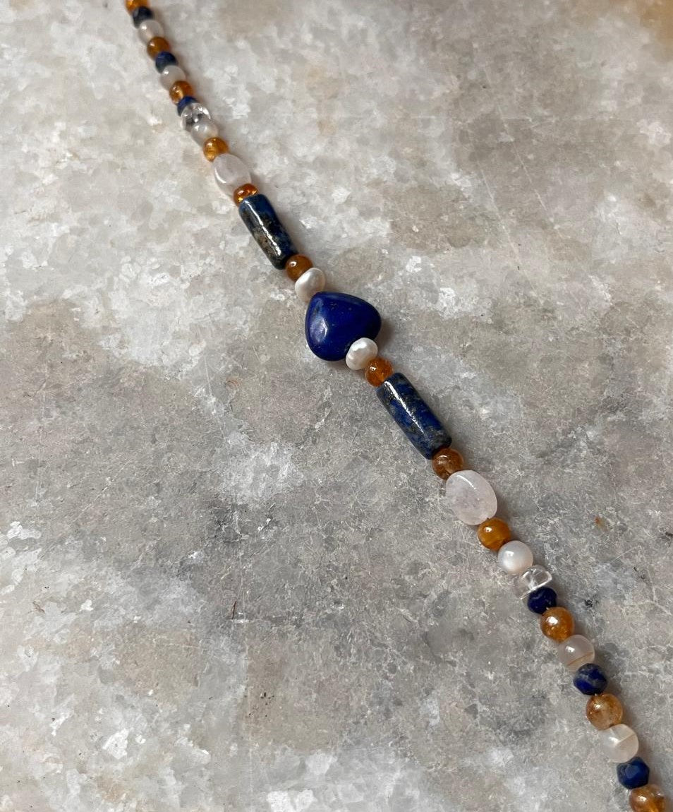 Lapis lazuli, Moonstone, Citrine & Pearl 4mm Round Handcrafted 925 Sterling Silver Bracelet