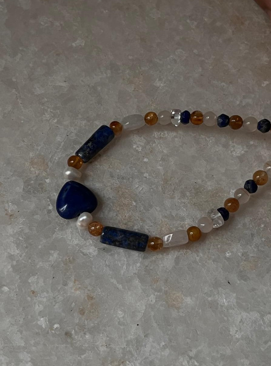 Lapis lazuli, Moonstone, Citrine & Pearl 4mm Round Handcrafted 925 Sterling Silver Bracelet