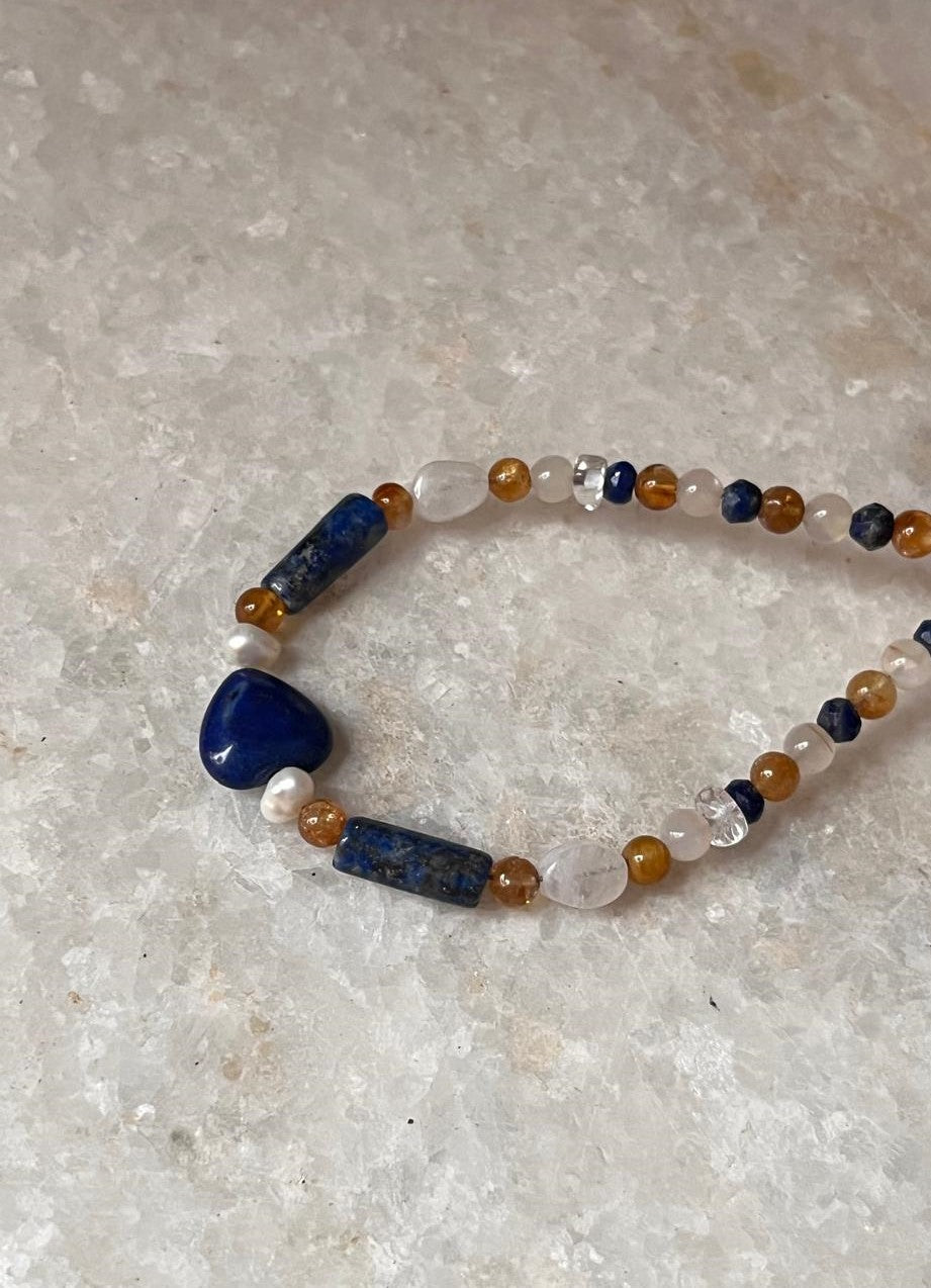 Lapis lazuli, Moonstone, Citrine & Pearl 4mm Round Handcrafted 925 Sterling Silver Bracelet