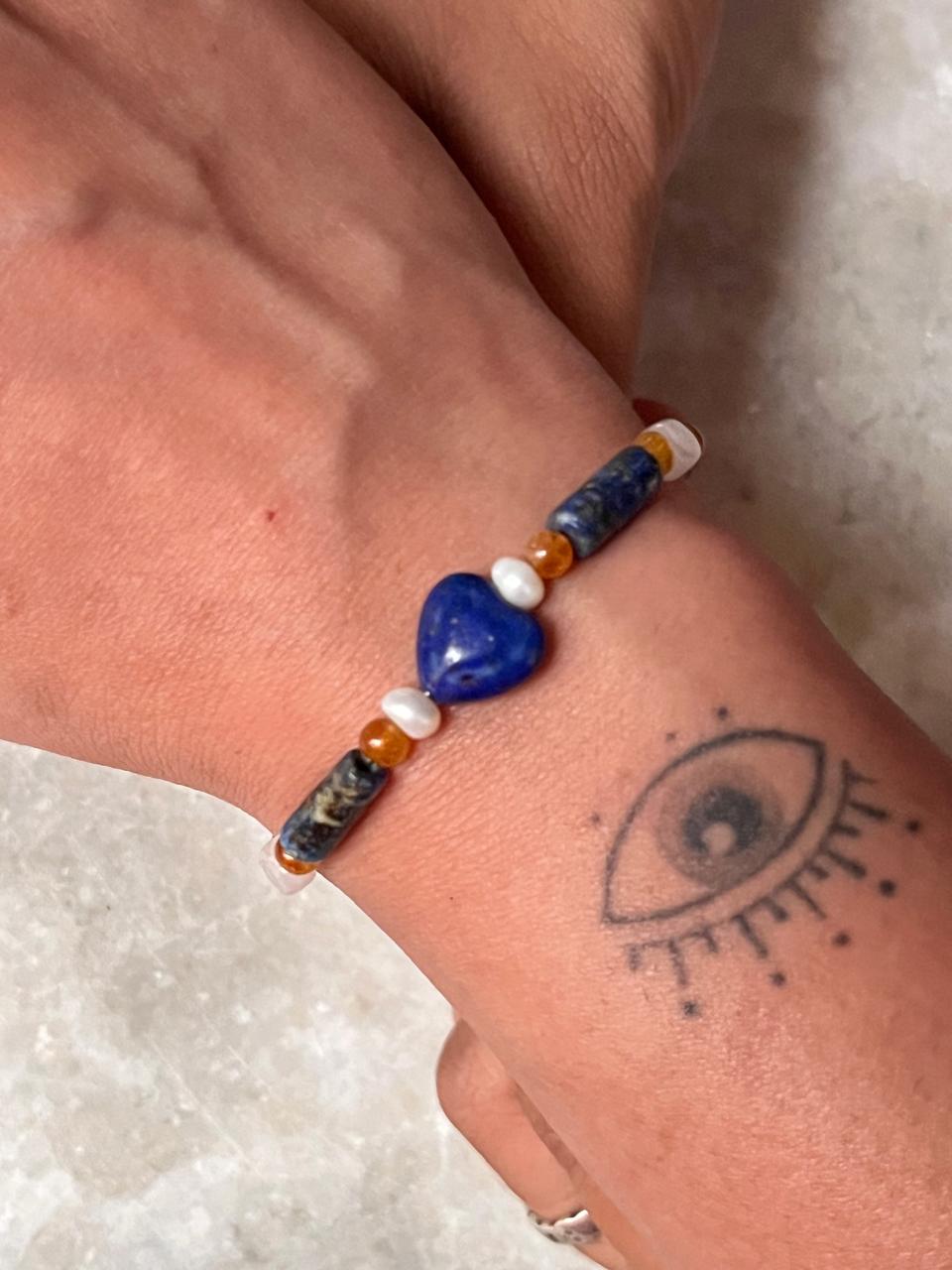 Lapis lazuli, Moonstone, Citrine & Pearl 4mm Round Handcrafted 925 Sterling Silver Bracelet