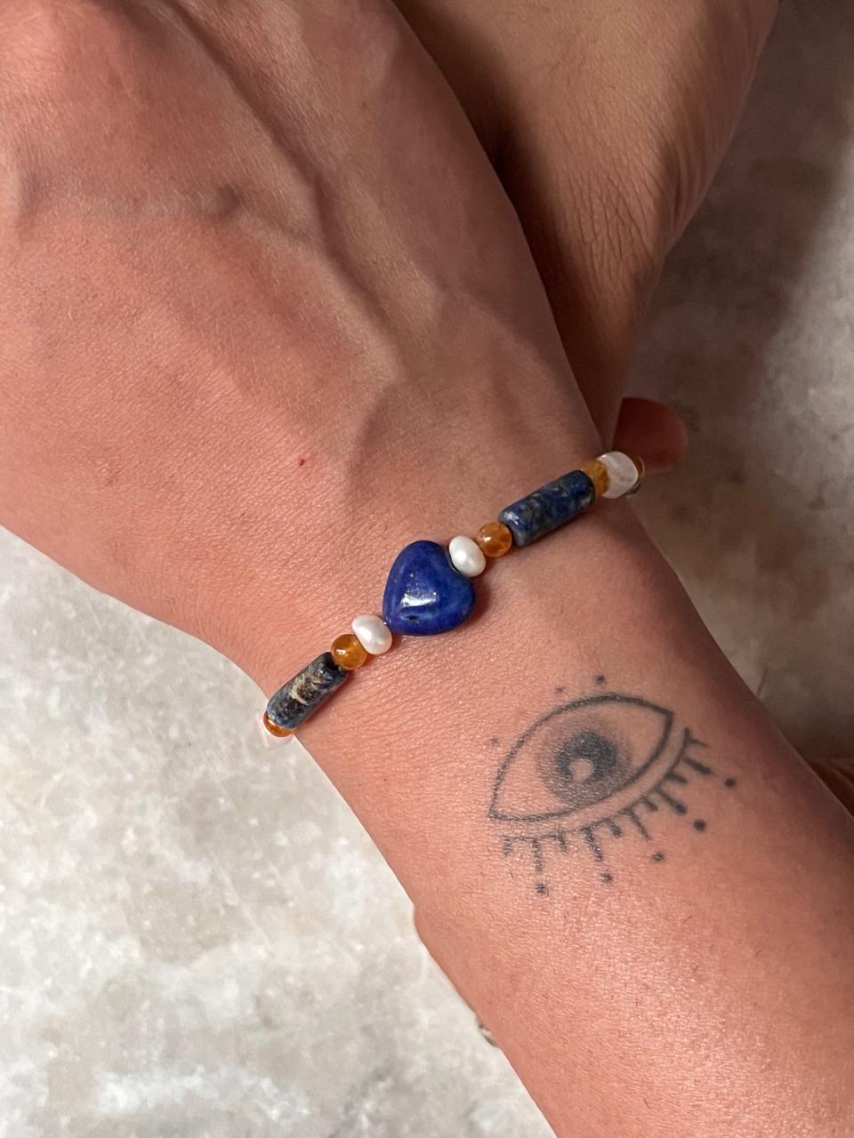 Lapis lazuli, Moonstone, Citrine & Pearl 4mm Round Handcrafted 925 Sterling Silver Bracelet