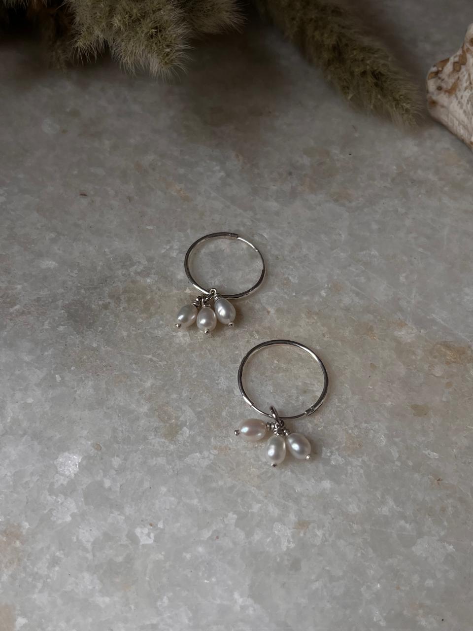 Fresh water Pearls Charm Hoops 925 Sterling Silver Earrings
