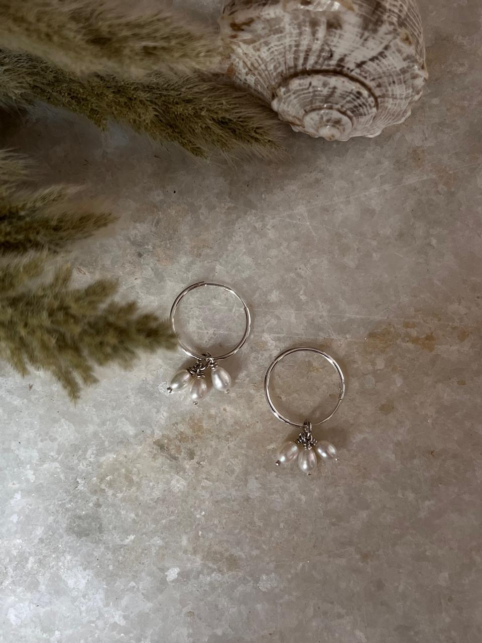 Fresh water Pearls Charm Hoops 925 Sterling Silver Earrings