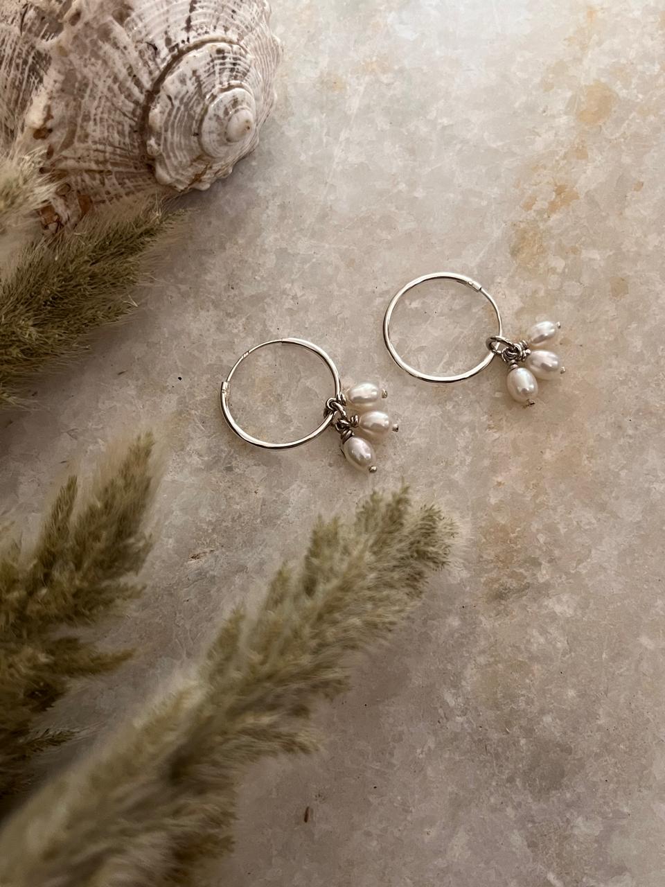 Fresh water Pearls Charm Hoops 925 Sterling Silver Earrings