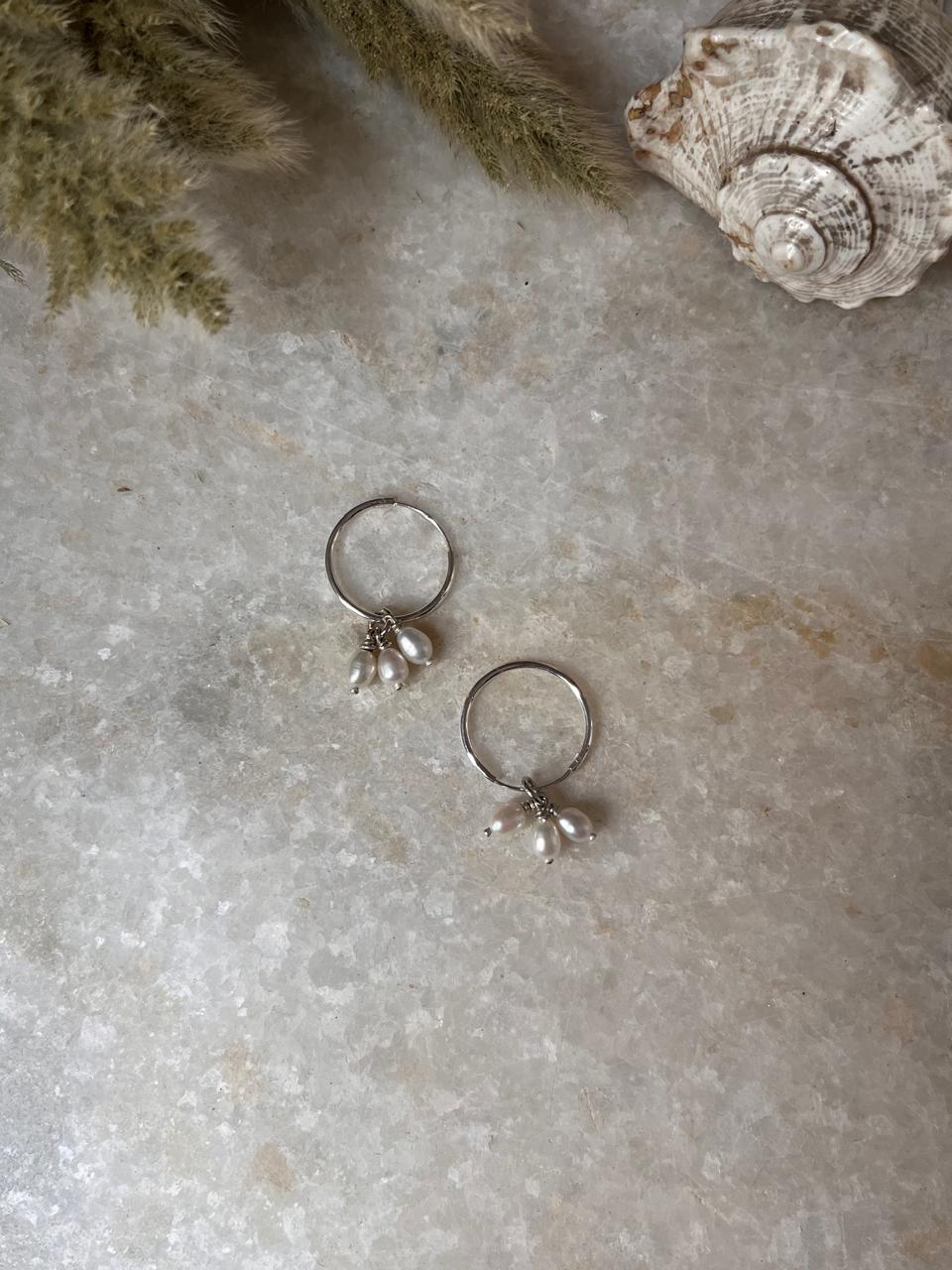 Fresh water Pearls Charm Hoops 925 Sterling Silver Earrings