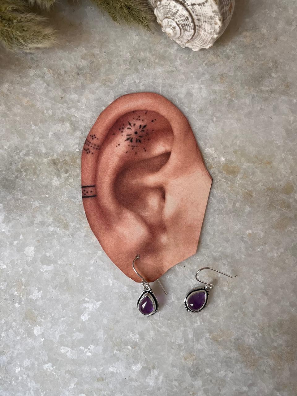 Amethyst Pear Boho Hook 925 Sterling Silver Earrings