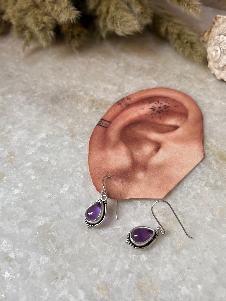 Amethyst Pear Boho Hook 925 Sterling Silver Earrings