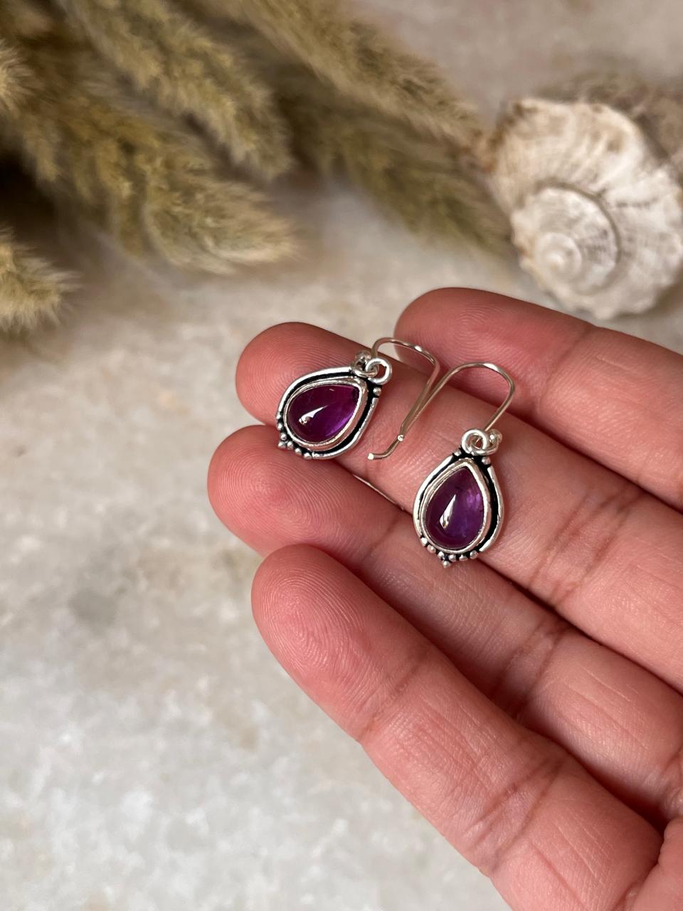 Amethyst Pear Boho Hook 925 Sterling Silver Earrings