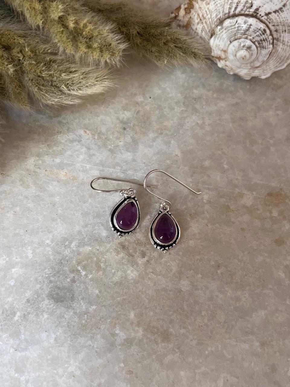 Amethyst Pear Boho Hook 925 Sterling Silver Earrings