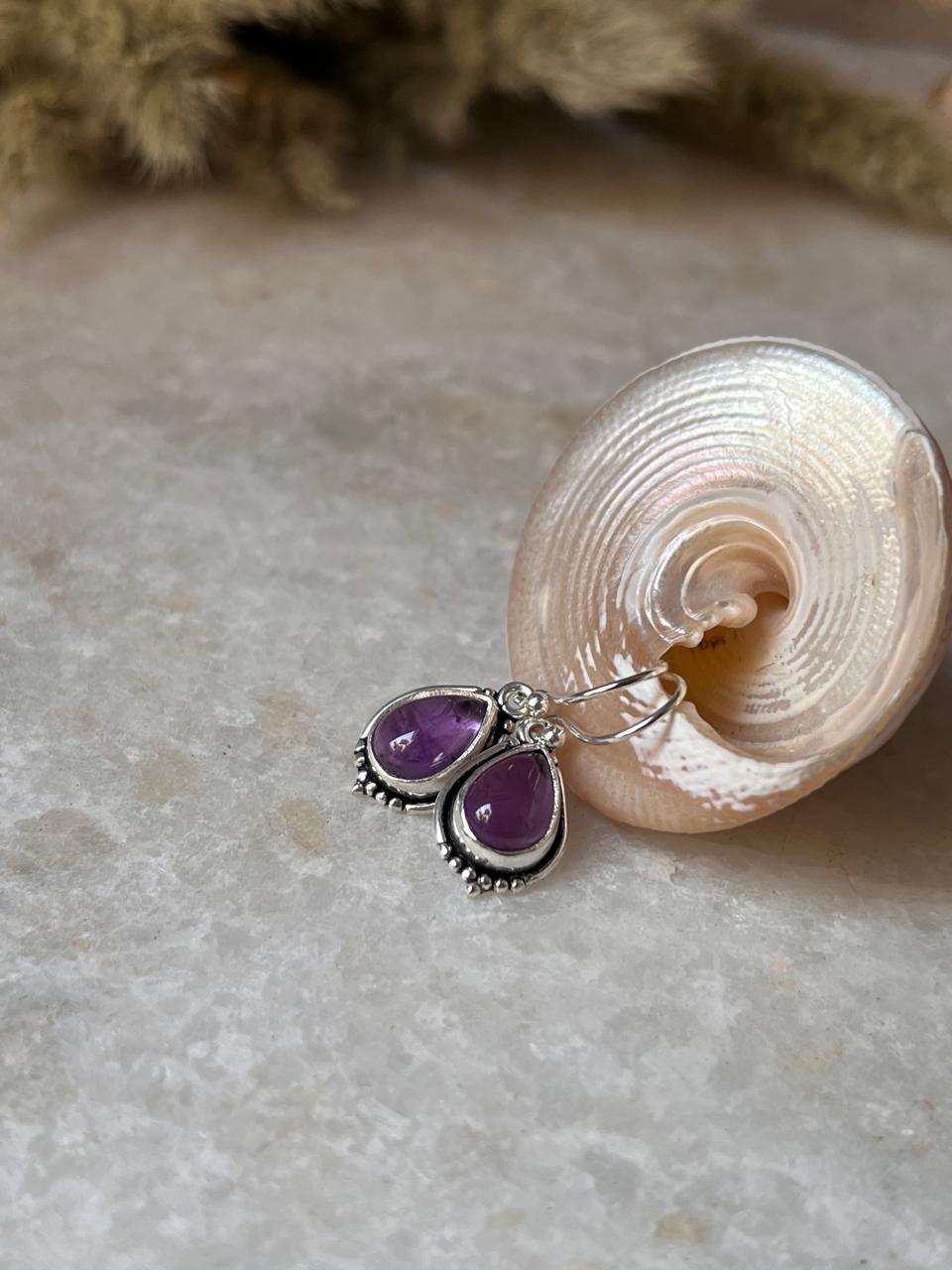 Amethyst Pear Boho Hook 925 Sterling Silver Earrings