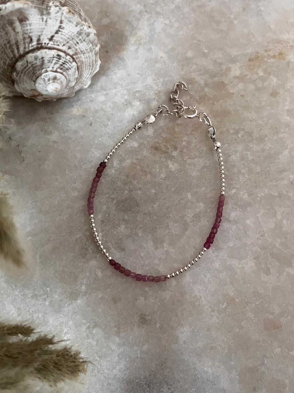 Pink Tourmaline Dark Shade & Silver 2mm Beads Handcrafted 925 Sterling Silver Bracelet