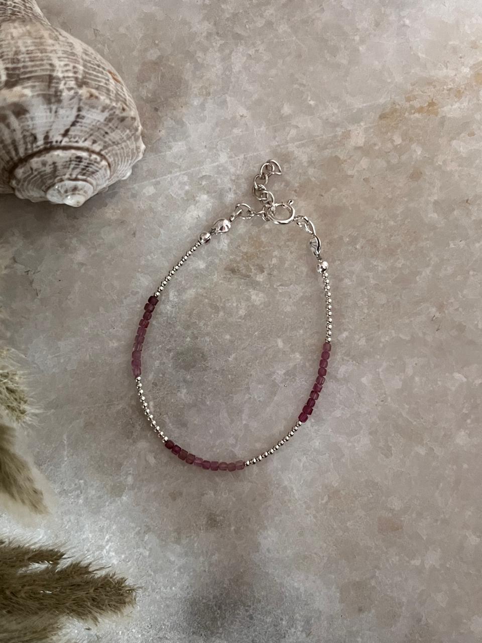 Pink Tourmaline Dark Shade & Silver 2mm Beads Handcrafted 925 Sterling Silver Bracelet