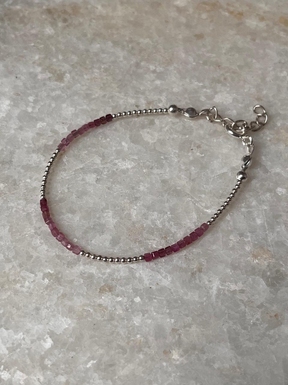 Pink Tourmaline Dark Shade & Silver 2mm Beads Handcrafted 925 Sterling Silver Bracelet