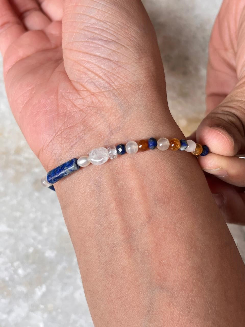 Lapis lazuli, Moonstone, Citrine & Pearl 4mm Round Handcrafted 925 Sterling Silver Bracelet