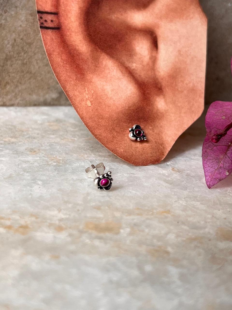 Handcrafted sterling silver leaf earrings with pink CZ sparkle